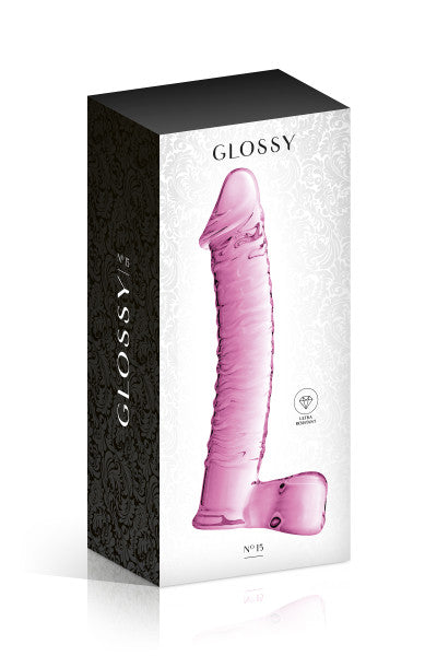 Glossy Toys n°15, gode en verre réaliste rose avec testicules 21cm