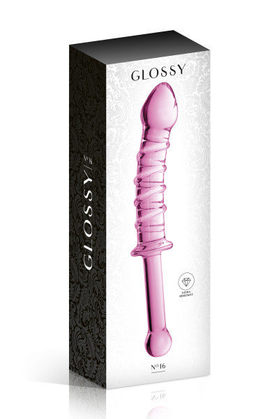 Glossy Toys n°16, gode en verre rose avec poignée 23cm