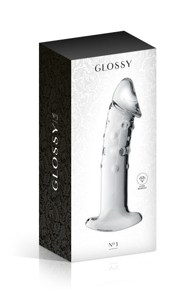 Glossy Toys n°3, gode réaliste en verre avec poignée de retrait 18cm