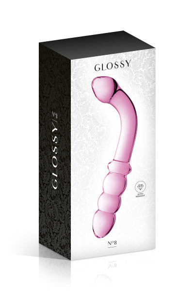 Glossy Toys n°8, double gode point G et anal en verre rose 22cm