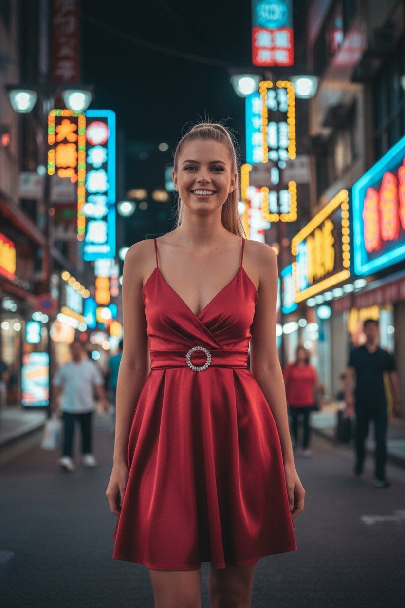 Robe Satin Courte à Bretelles avec Boucle Strass. Taille unique