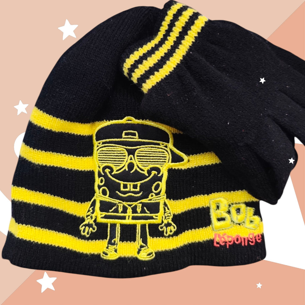 Set Bonnet + Gants Bob l'Éponge Enfant – Noir & Jaune