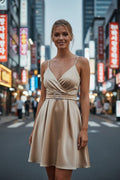 Robe Satin Courte à Bretelles avec Boucle Strass. Taille unique
