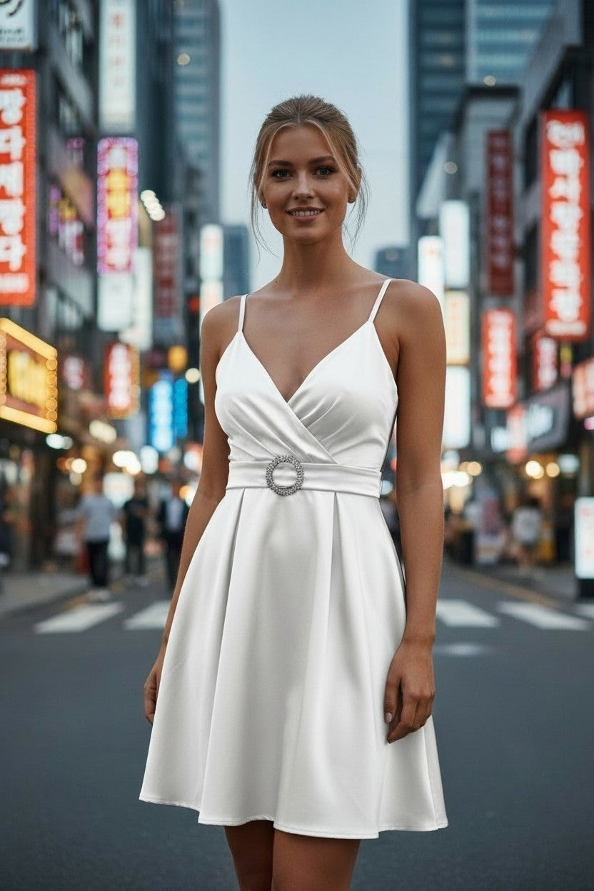 Robe Satin Courte à Bretelles avec Boucle Strass. Taille unique