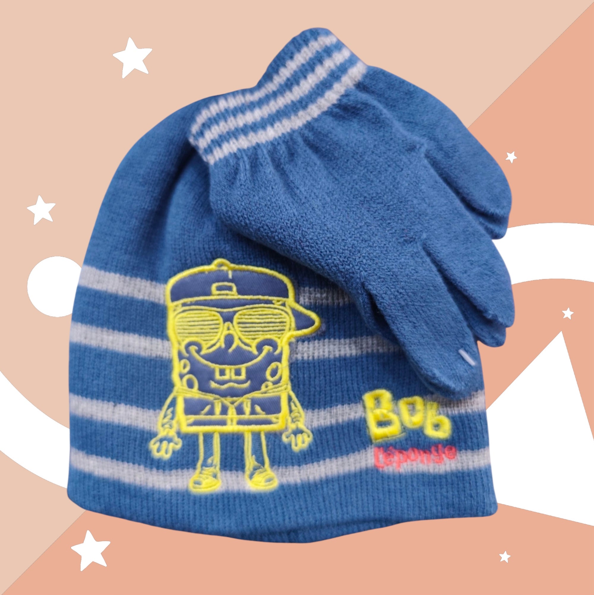 Set Bonnet + Gants Bob l'Éponge Enfant – Bleu & Jaune