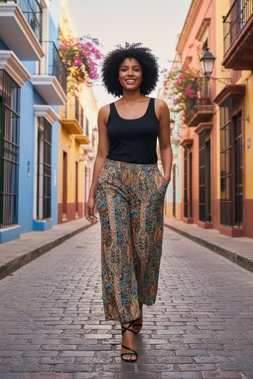 Pantalon Large Palazzo Imprimé Taille Unique